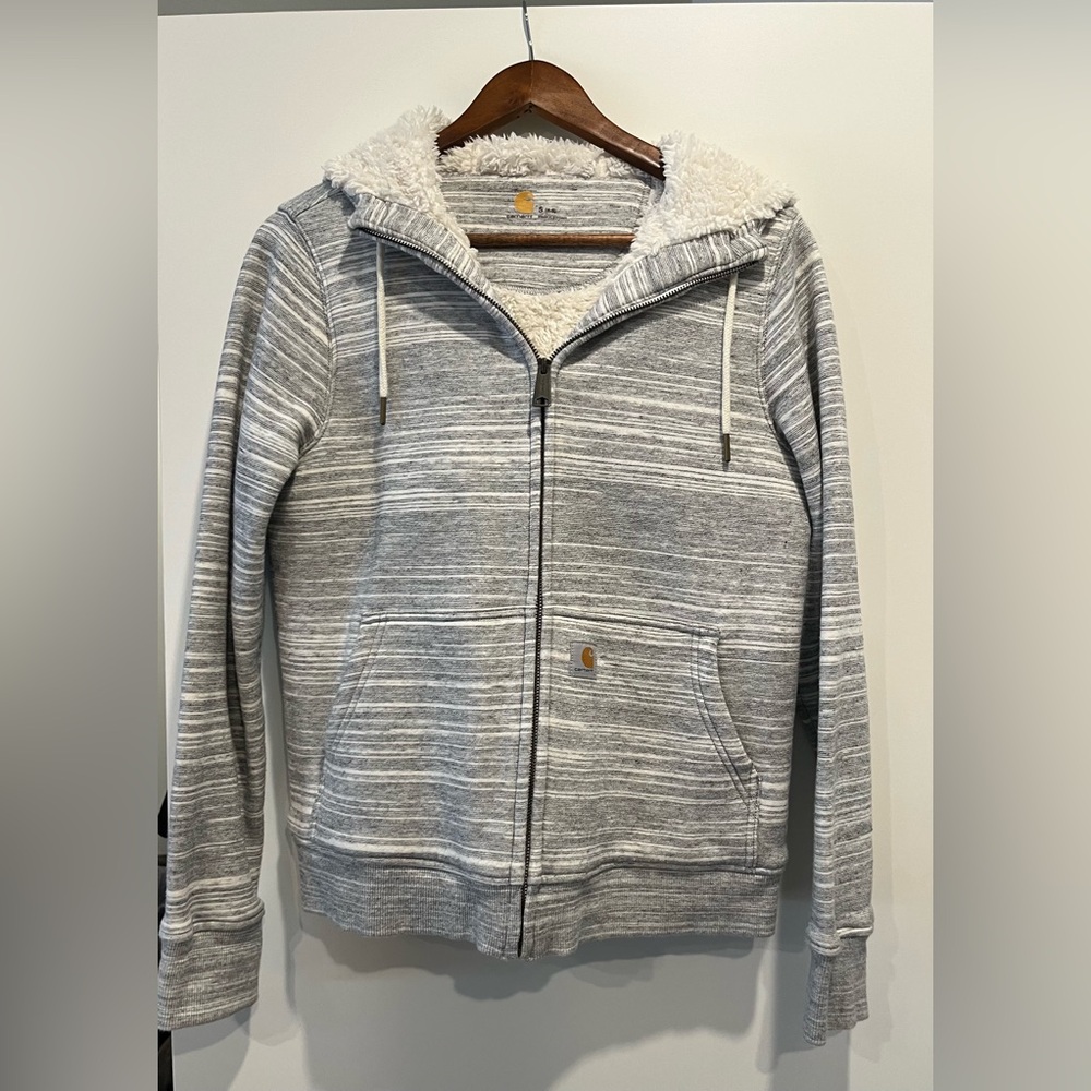 Grey Carhartt Zip Up Sweatshirt with Hood and Fuzzy Inside Size Small